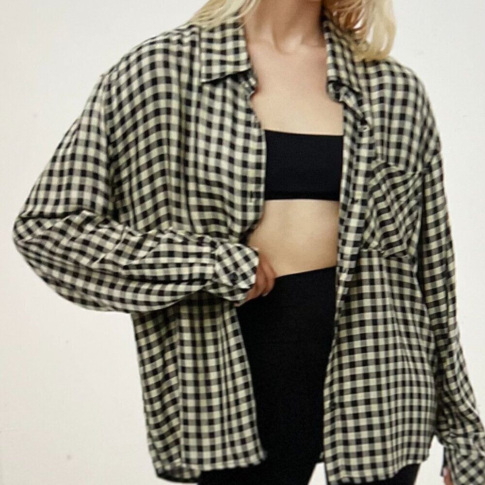 WEWOREWHAT BOYFRIEND HERRINGBONE SHIRT- BLACK KHAKI Size S/M
